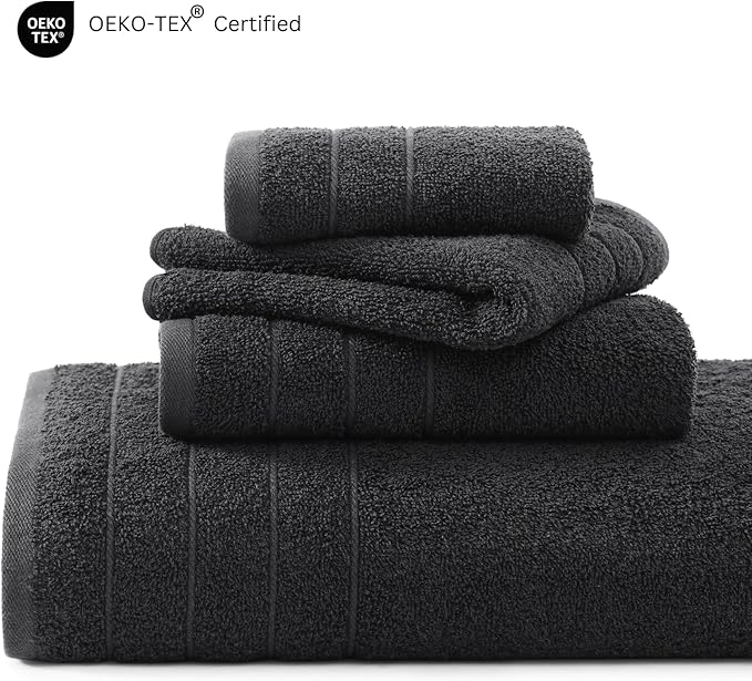 Casa Platino 100% Mercerized Cotton Luxury Bathroom Towels Set - 18 Piece - Ring Spun Technology - 6 Bath, 6 Washcloths, 6 Hand Towels - Remains Soft & Absorbent Even After Multiple Washes - Black