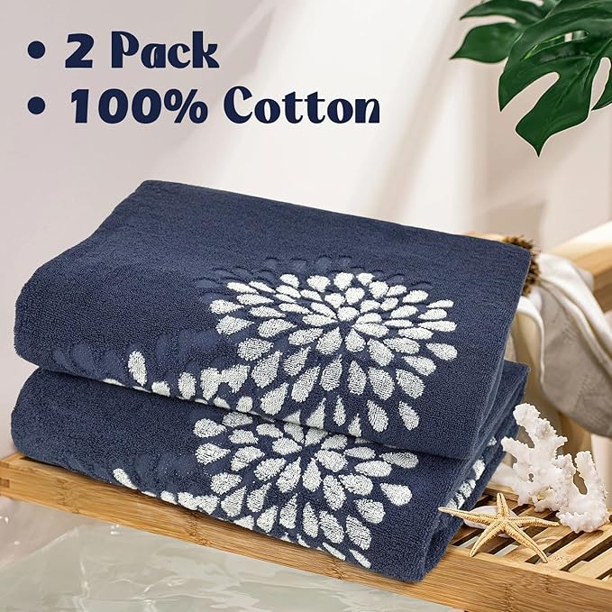 Cute Bath Towels Set of 2 (Denim Blue) - Large 55” x 28”, Decorative Hydrangea Floral Jacquard, Bathroom & Guest Room Decor, Cotton
