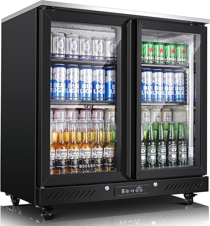 BODEGACOOLER Back Bar Cooler with 2 Glass Doors,7.7 Cu.ft Commercial Bar Beverage Refrigerator Under Counter LED Lighting for Soda Drinks,Beer,Wine with Stainless Steel Top,DOE Approved,4 Casters