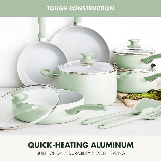 GreenPan Dover Healthy Ceramic Nonstick, 12 Piece Cookware Pots and Pans Set, PFAS-Free, Dishwasher Safe, Comfort Grip Handle, Pastel Green