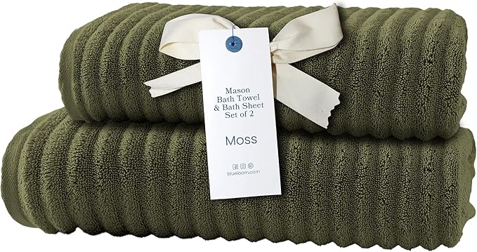 Blue Loom Ribbed Bath Sheet & Towel, 100% Cotton 600 GSM, Soft Absorbent Durable Quick Drying Bath Sheet & Bath Towel Set for Bathroom - Mason Set of 2 Moss Green (65" x 45" & 58" x 30")