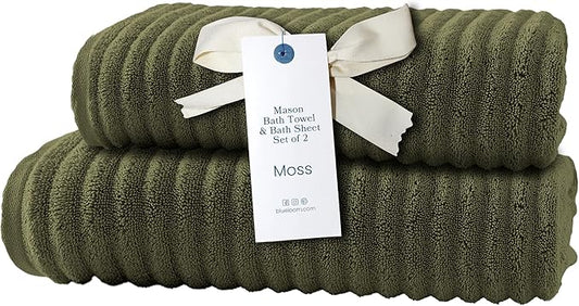 Blue Loom Ribbed Bath Sheet & Towel, 100% Cotton 600 GSM, Soft Absorbent Durable Quick Drying Bath Sheet & Bath Towel Set for Bathroom - Mason Set of 2 Moss Green (65" x 45" & 58" x 30")