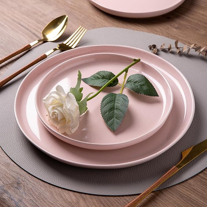 AmorArc Ceramic Dinnerware Sets for 4, 12 Pieces Handpainted Plates and Bowls Set with Rustic Terracotta Underside, Scratch Resistant Stoneware Dishes Set, Dishwasher & Microwave Safe, Cloud Pink