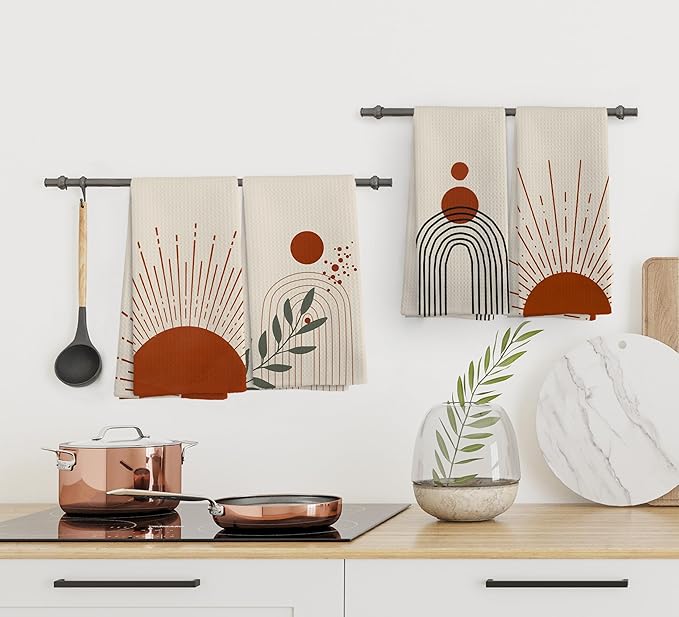 Boho Abstract Red Sunshine Kitchen Towels and Dishcloths Set of 4, Boho Mid Century Modern Abstract Minimalist Sunshine Drying Cloth Hand Dish Tea Towels for Bathroom Kitchen, 16x24 Inches