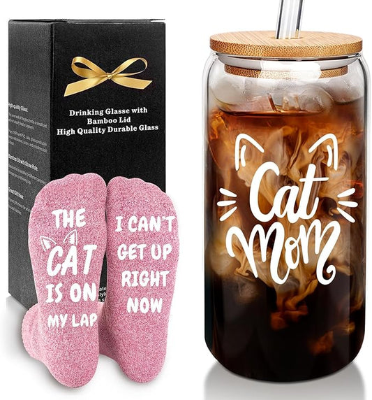 Mason Life Cat Mom Mother's Day Gifts, Cat Lover Gifts for Women, Mom Gift for Women, Valentine Birthday Present for Kitten Lover, 18oz Cute Kitty Mama Ice Coffee Cup Glass Cup with Lid Straw