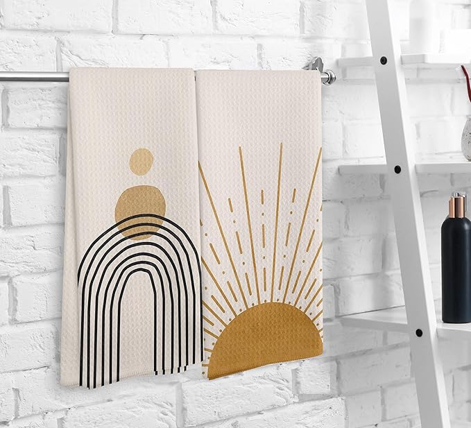 Boho Abstract Sun Sunrise Sunset Sunshine Line Rainbow Kitchen Towels and Dishcloths Sets of 2,Boho Absorbent Drying Cloth Hand Towels Tea Towels for Bathroom Kitchen,16×24 inches