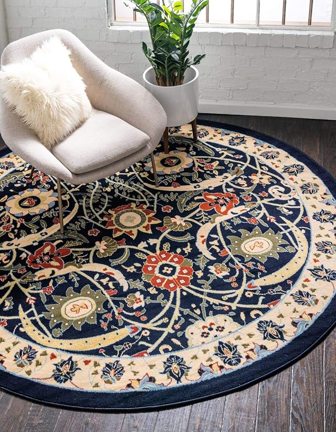Unique Loom Espahan Collection Area Rug - Cape Cod (7' 10" Round, Navy Blue/ Black)