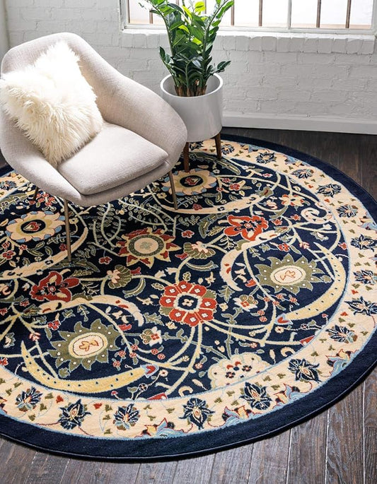 Unique Loom Espahan Collection Area Rug - Cape Cod (7' 10" Round, Navy Blue/ Black)