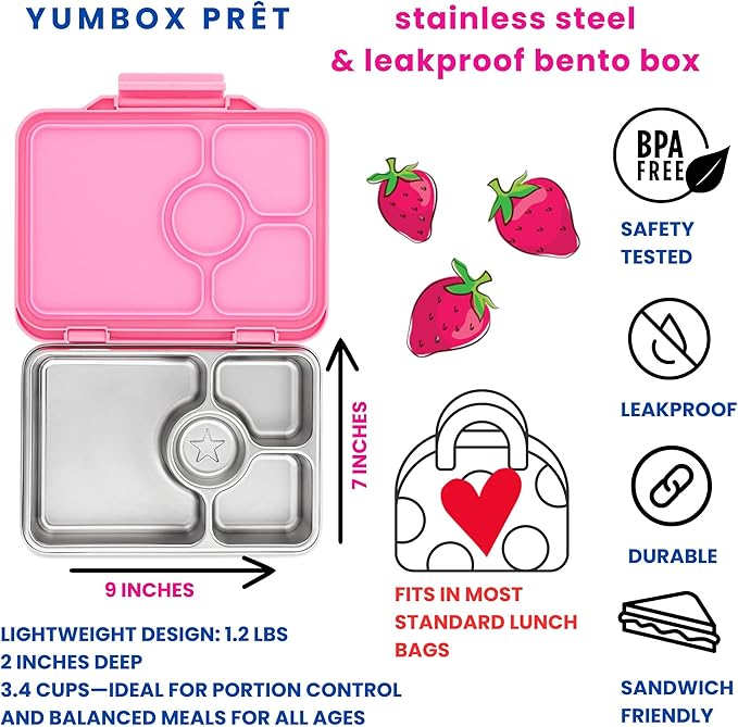 Yumbox Prêt Stainless Steel Bento Lunch Box, 3 Compartment, Secure Seal, BPA-Free, Dishwasher Safe, Compact & Lightweight for Kids & Adults, School & Office Lunch, Portion Control (Versailles Pink)