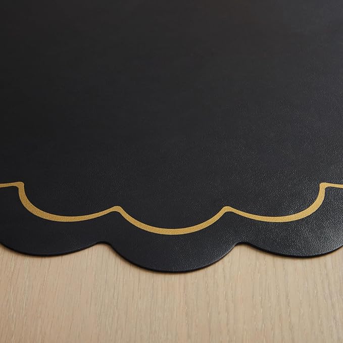 Kate Spade New York Scallop Edge Round Reversible Placemats 6-Pack Set, Imitation Leather with Metallic Print, Water Resistant, Easy Wipe Clean, Black/Gold, 15" Round