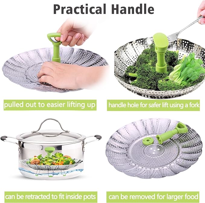 Consevisen Vegetable Steamer Basket for Cooking Food, Stainless Steel Veggie Steam Basket for Pot, Folding Expandable Steaming Insert with Extendable Handle Fits Various Size Pot, 6.4" to 10"