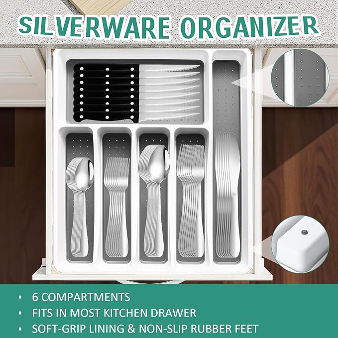 49Pcs Silverware Set with Organizer, Silver Stainless Steel Flatware Set for 8 Cutlery Utensil Sets with Steak Knives, Spoons and Forks Set, Dishwasher Safe