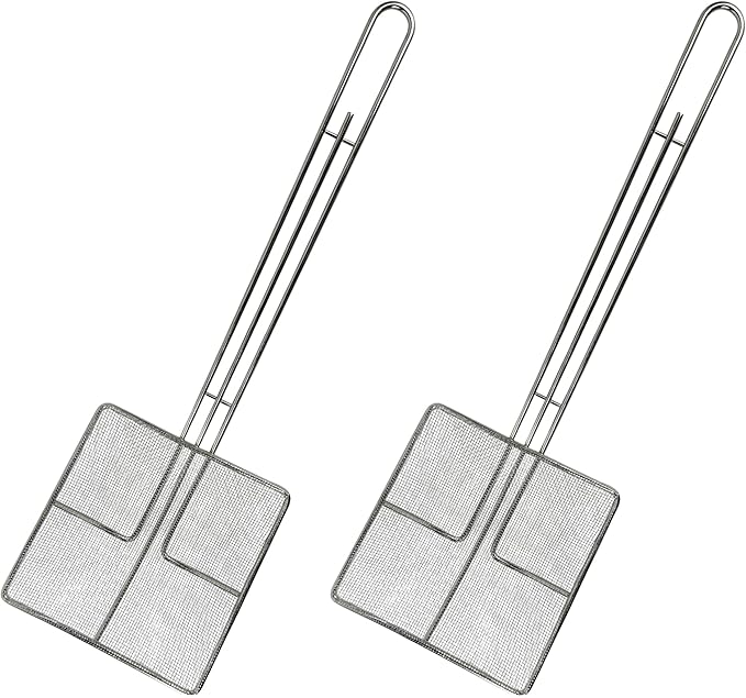 Wire Mesh Strainer with Long Handle | 2-Pack | 6.5" Square Frying Spoon | Cooking Oil Strainer for Deep Fryer & Professional Restaurant Use | Commercial Grease Skimmer