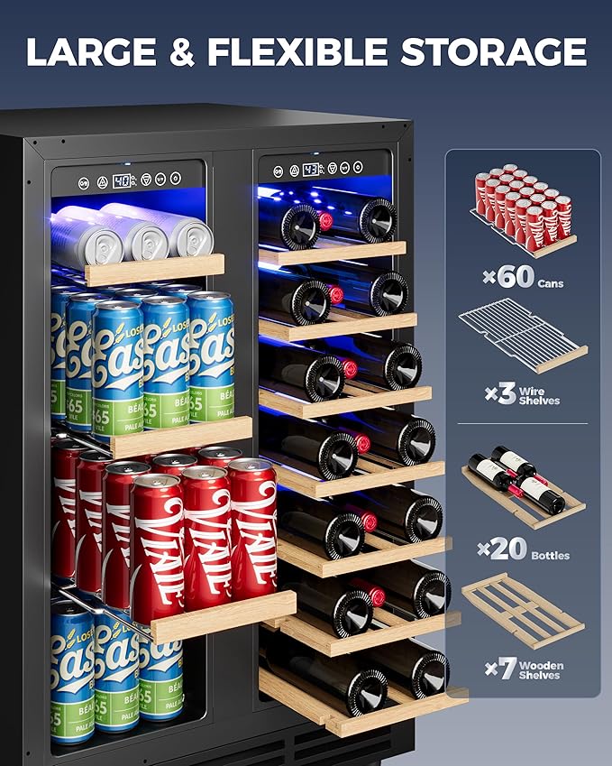 Wine and Beverage Refrigerator, 24 Inch Built-In Wine Fridge with Glass Door, Holds 20 Wine Bottles & 60 Cans, Under Counter Refrigerator with Quiet Cooling System & Blue LED Light(Black)