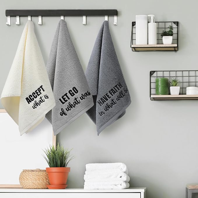 3pcs Farmhouse Decorative Hand Towels for Bathroom and Kitchen Rustic Embroidered 100% Cotton Hand Towels Decorative Set for Boho Bathroom Decor (Motivational Language)