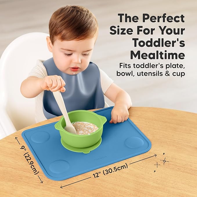 KeaBabies 2-Pack Silicone Placemats for Toddlers - 12x9 Non Slip Suction Baby Silicone Placemat for Kids Eating, Easy to Clean, Busy Travel Baby Mat for Dining Table, Food Grade/BPA-Free (Kea)