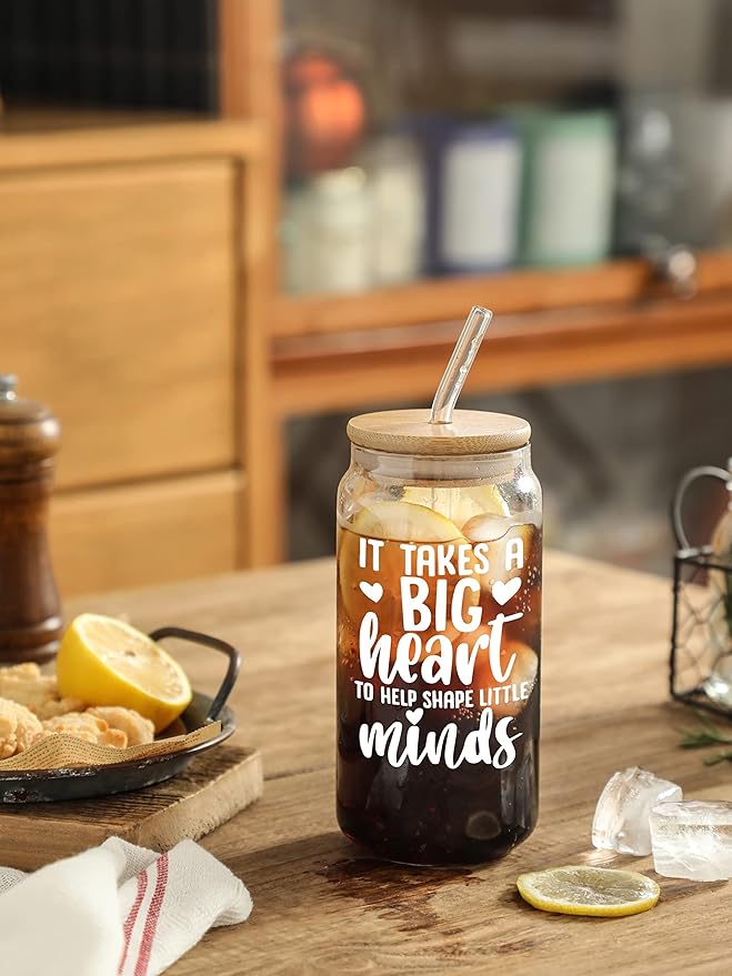 Christmas Teacher Appreciation Gifts, 16oz Glass Cup with Straw and Lid, Thanksgiving Teacher Gifts for Women, Christmas Teachers Appreciation Week, Birthday, Back To School,Retirement