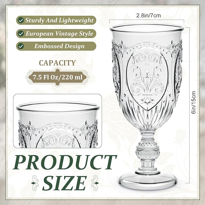 100 Pcs Plastic Goblets 7.5oz Vintage Goblet Plastic Wine Glasses Colored Retro Embossed Water Goblets for Wine Bar Juice Baby Shower Wedding Reception Grand Event Party (Clear)