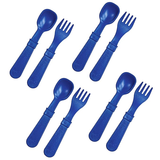 Re-Play Toddler Forks and Spoons Set - 4x4 Utensils Set for Kids - Dishwasher and Microwave Safe - Made in USA - Pack of 8 - Navy Blue