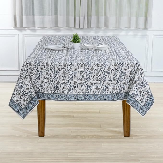 Ridhi Baby Blue Eyes Hand Block Print Cotton Rectangle Tablecloth 118" x 70" inches Reusable Table Cover Decorative Everyday Use for Dining, Farmhouse, Home, Party, Festive, Wedding, Fall