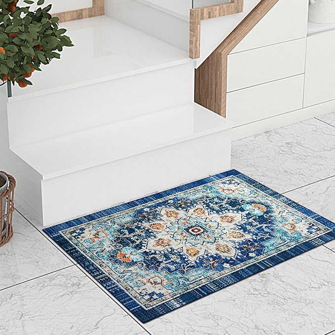 Easy-Going Boho Area Rug 3x5 Entryway Rug Washable Inside Door Mats for Home Entrance Non-Slip Tangerine Vintage Small Rugs for Entry Living Room Bedroom Kitchen Lightweight Carpet, Floral Aqua Yellow