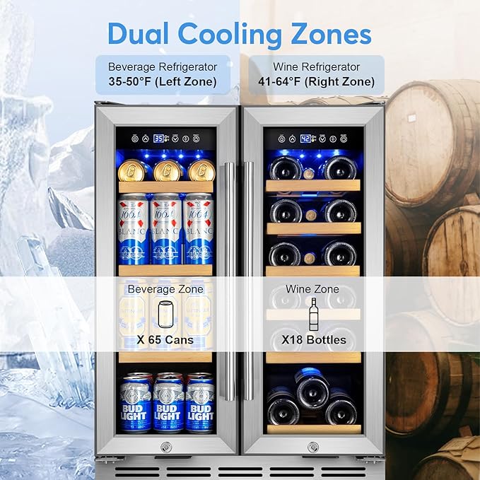 Wine and Beverage Refrigerator with Glass Door, 24-Inch Dual Zone Wine Fridge Under Counter - 18 Bottle and 88 Can Large Capacity Led Blue Light Smart Fast Cooling Wine Cooler