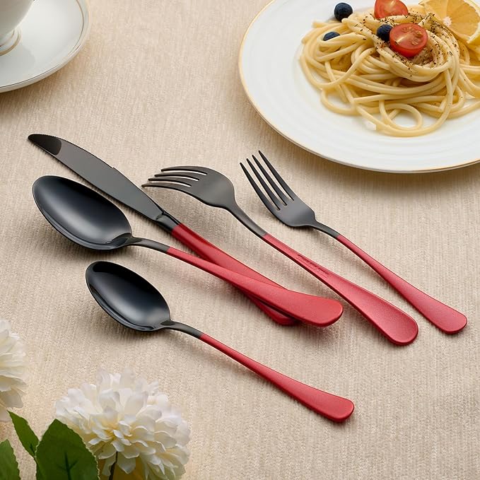 20-Piece Black and Purple Stainless Steel Flatware Set - 4 Dinner Knives, Forks, Spoons, Salad / Dessert Teaspoons - Dishwasher Safe