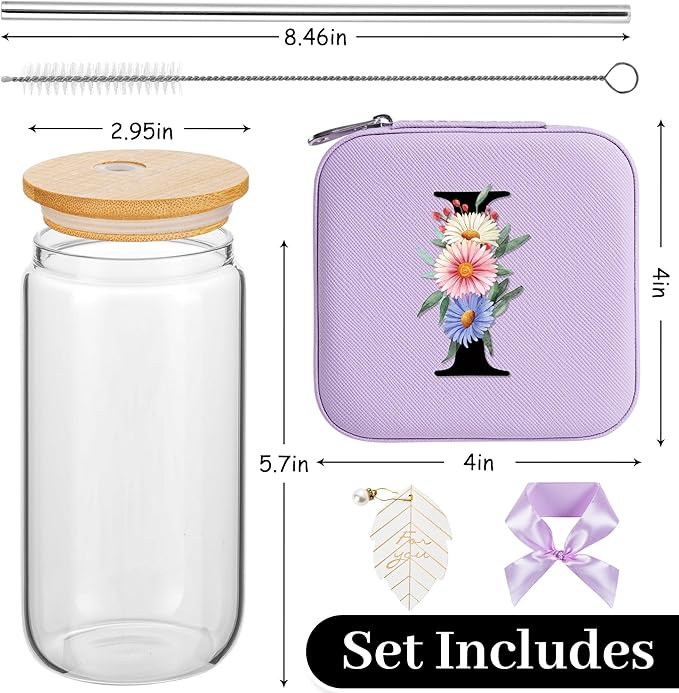 AYGXU Drinking glass with Bamboo Lids and Straw,Small Travel Jewelry Case, Organizer Storage Holder Boxes,iced coffee cups,Cute Tumbler Cup,teacher gifts for women,Initial I purple