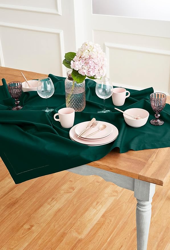 Solino Home Cotton Linen Tablecloth 52 x 52 Inch - Hemstitch Dark Green Square Tablecloth - Machine Washable Table Throw for Winter, New Year