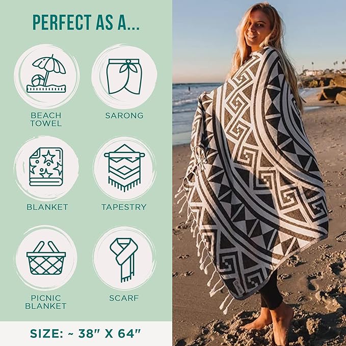 Sand Cloud Turkish Beach Towel - Sand Free - 100% Organic Turkish Cotton Yarn - Quick Dry Towel for Beach, Picnic Blanket or Throw - As Seen on Shark Tank - Mandala (Dark Grey)