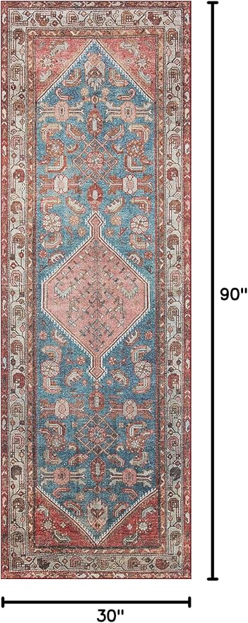 Loloi Layla Collection LAY-10 Marine/Clay 2'-6" x 7'-6" .13" Thick Runner Rug, Soft, Durable, Vintage Inspired, Distressed, Low Pile, Non-Shedding, Easy Clean, Printed, Living Room Rug
