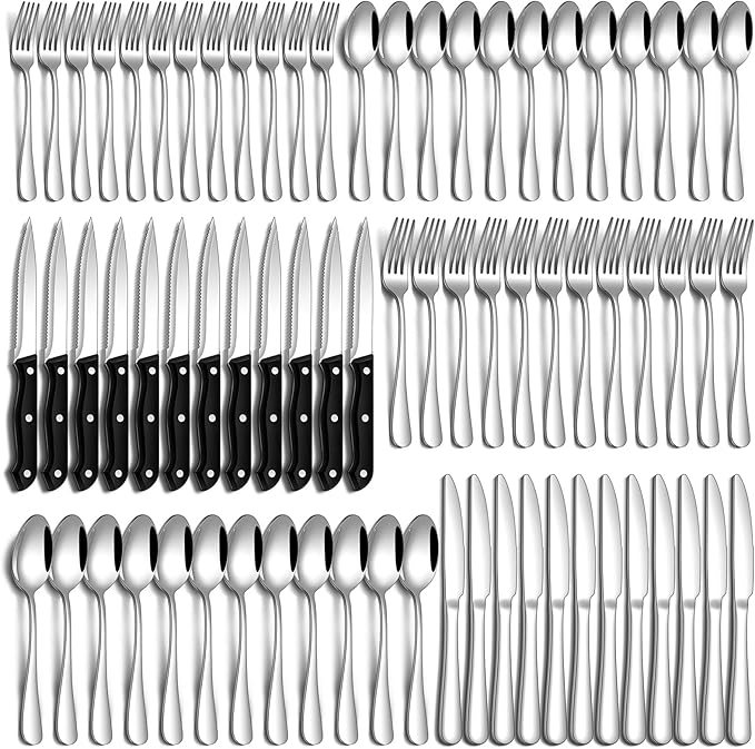 72 Pcs Silverware Set with Steak Knives Food-Grade Stainless Steel Flatware Set for 12 Mirror Cutlery Include Forks Spoons and Knives Set Dishwasher Safe Utensil Sets for Home Restaurant