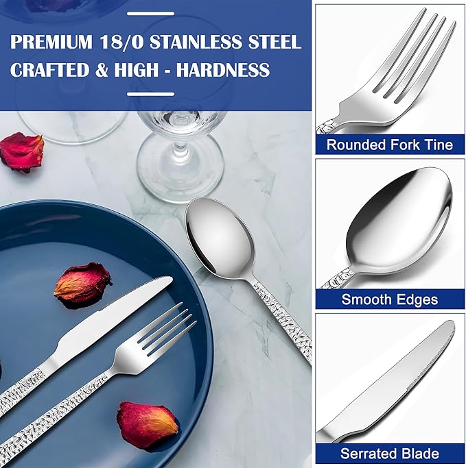 E-far 12-Piece Hammered Forks Spoons and Knives Set, Silverware Set for 4, Stainless Steel Square Flatware Set for Home Kitchen Restaurant, Mirror Polished & Dishwasher Safe