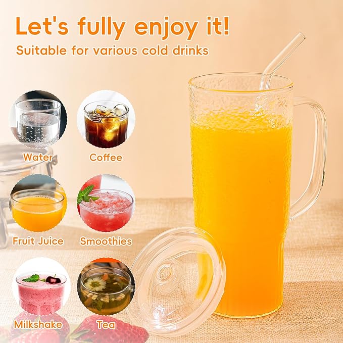 GOSCHE Glass Cups with Lids and Straws, 24oz Clear Iced Coffee Cups with Handle, Glass Tumbler with Straw and Lid for Smoothie Water Tea Juice, Clear, 2 Pack