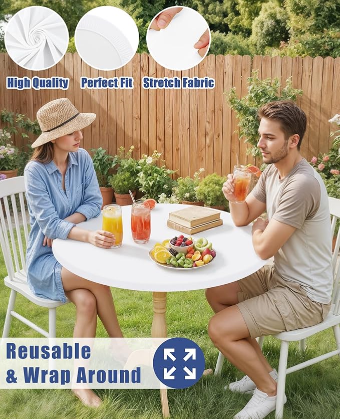 Round Spandex Tablecloth, Elastic Fitted Waterproof Tablecloths for 42"-50" Tables, Stretch Washable Picnic Table Cover for Camping, Dining, Indoor and Outdoor, White