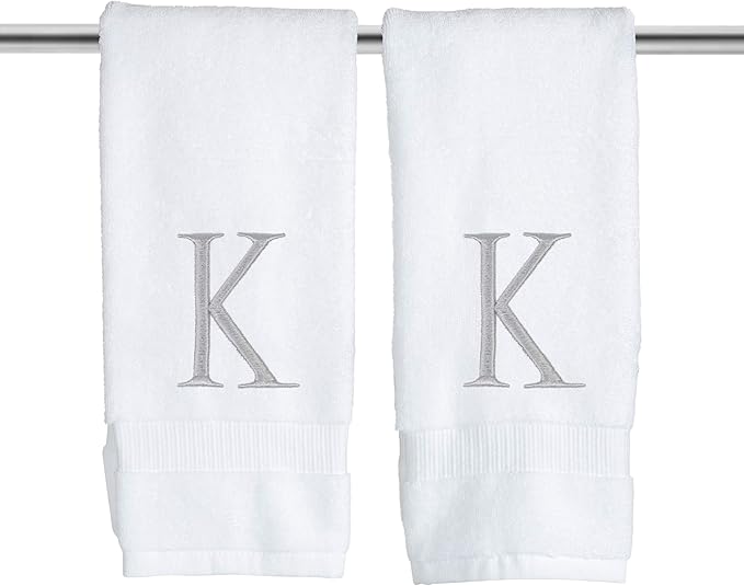 Monogrammed Hand Towels for Bathroom - Luxury Hotel Quality Personalized Initial Decorative Embroidered Bath Towel for Powder Room, Spa - GOTS Organic Certified - Set of 2 Letter K