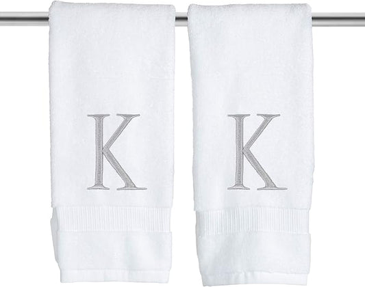 Monogrammed Hand Towels for Bathroom - Luxury Hotel Quality Personalized Initial Decorative Embroidered Bath Towel for Powder Room, Spa - GOTS Organic Certified - Set of 2 Letter K