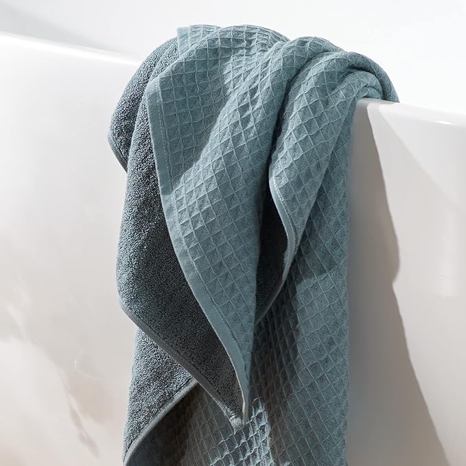 UCHINO Waffle Twist Cotton Weave Hand Towel for Bathroom Lightweight Absorbent Quick Dry Honeycomb Texture Solid Terry Loop Reverse 20" x 30", 1 Hand Towel, Eucalyptus