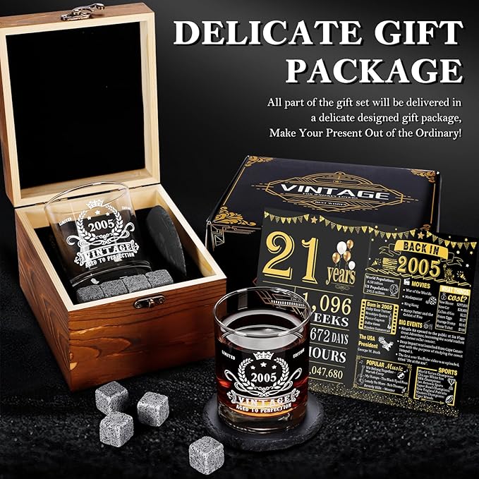 YeohJoy 21st Birthday Gifts for Him,Vintage 2005 Whiskey Glass Set,Wood Box &2005 Poster Anniversary Card & Whiskey Stones & Coaster,Bday Gifts Ideas for Him, Dad, Husband
