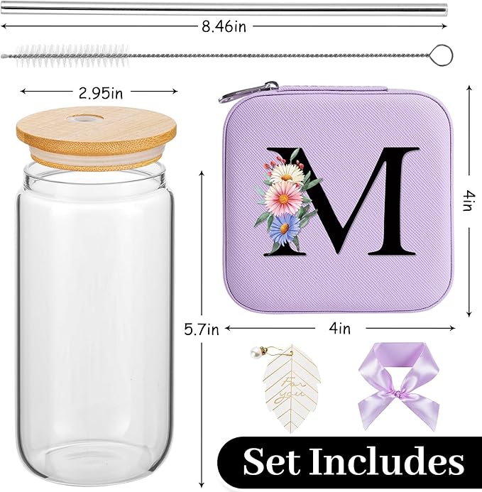 AYGXU Travel Jewelry Case for Women Girls,Jewelry Box Organizer,Travel Initial Jewelry Box for Girls,16oz glass cups with bamboo lids,aesthetic glass cup,Travel Essentials,Initial M purple