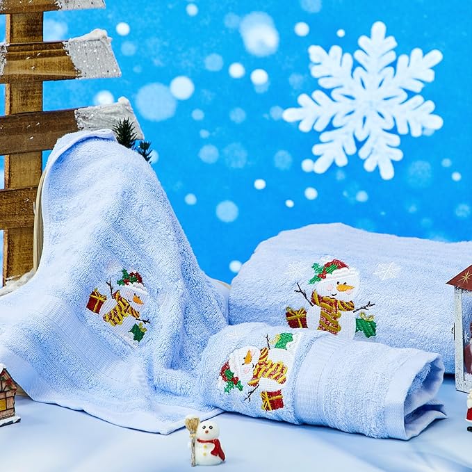Peryiter 6 Pack Cotton Christmas Snowman Bath Towels Set Blue Winter Towels for Bathroom, Soft and Absorbent, Contains 2 Bath Cloth, 2 Hand Cloth and 2 Wash Cloths