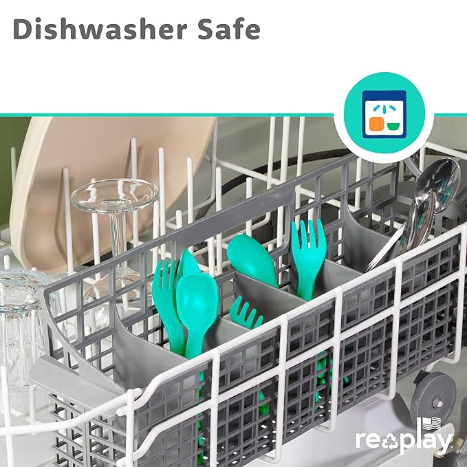 Re-Play Toddler Forks and Spoons Set - 4x4 Utensils Set for Kids - Dishwasher and Microwave Safe - Made in USA - Set of 8-5.8" x 1.2" x 0.2" - Aqua Asst