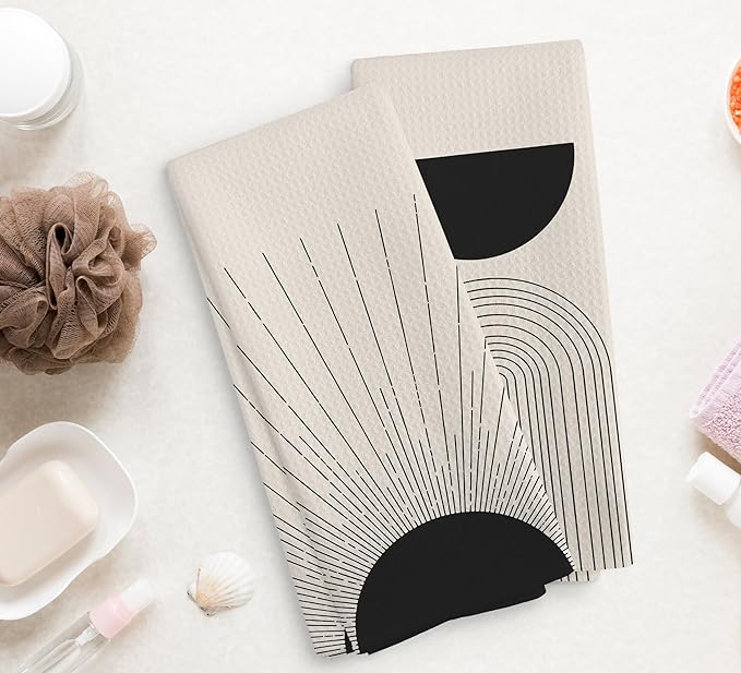 Black Boho Sun Sunray Geometric Arch Semi Circle Kitchen Towels and Dishcloths Set of 2, Absorbent Drying Cloth Hand Towels Tea Towels for Bathroom Kitchen, Gifts for Women Girls, 1624 inches