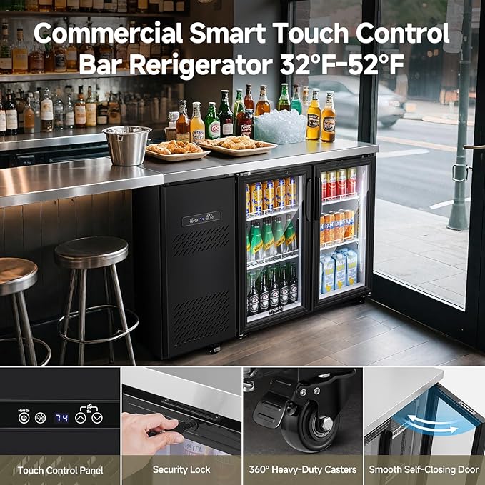 BODEGACOOLER Commercial Back Bar Cooler with 2 Glass Doors,12 Cu.Ft Stainless Steel Commercial Counter Height Bar Refrigerator,Display Drink Beverage Beer Fridge LED Lighting,SUS304 Top,4 Casters