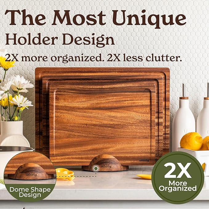 SMIRLY Walnut Wood Cutting Boards for Kitchen, Set of 3 with Holder Large - Small, Walnut Wooden Cutting Board Set with Deep Juice Grooves, Non Toxic Serving Tray, Perfect Mother's Day Gifts