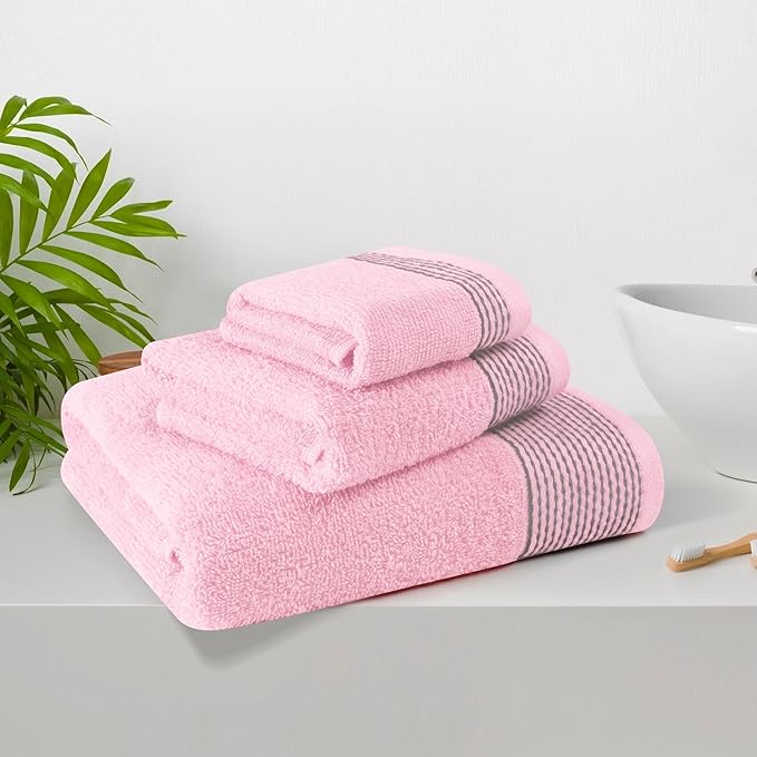 Belizzi Home Ultra Soft 3 Pack Cotton Towel Set, Contains a Bath Towel 28x55 inch, a Hand Towel 16x24 inch & a Wash Coth 12x12 inch, Ideal Everyday use, Compact & Lightweight -Pink