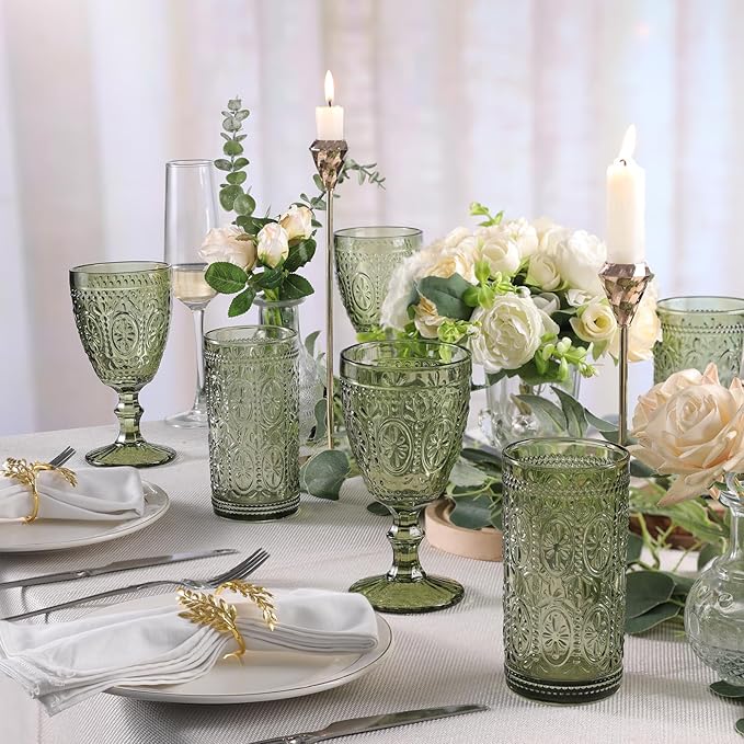 Green Drinking Glasses Set of 4, Vintage Drinking Glasses, Colored Glassware Drinking, Highball Beverage Glasses Cup, Vintage Glassware Set for Water, Juice, Cocktail, Coffee