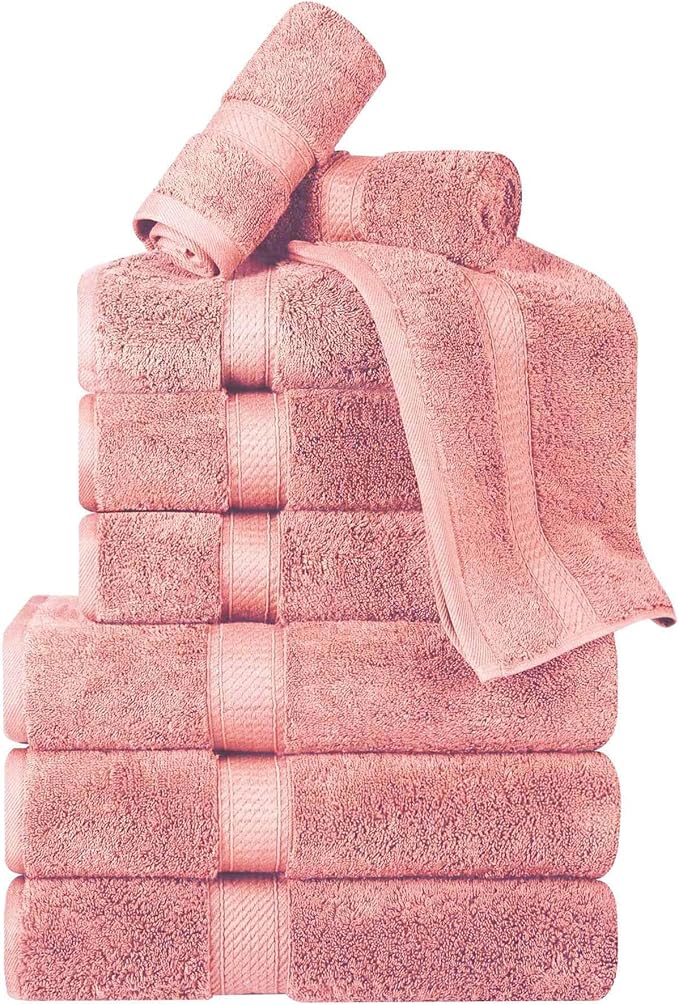 Superior Egyptian Cotton Pile 9 Piece Towel Set, Includes 3 Bath, 3 Hand, 3 Face Towels/Washcloths, Ultra Soft Luxury Towels, Thick Plush Essentials, Guest Bath, Spa, Hotel Bathroom, Tea Rose