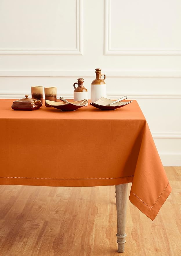 Solino Home Pumpkin Tablecloth 58 x 120 Inch - Cotton Linen Hemstitch Rectangular Tablecloth - Machine Washable Table Cloth for Holiday