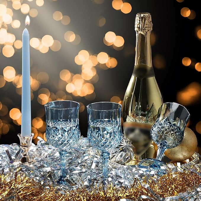 XUWAIDSGN 24 Pcs 7oz Plastic Vintage Wine Glasses Drinking Glasses Unbreakable Wedding Glassware Crystal Water Goblets Reusable Drinkware Vintage Champagne Flutes (24, Blue)